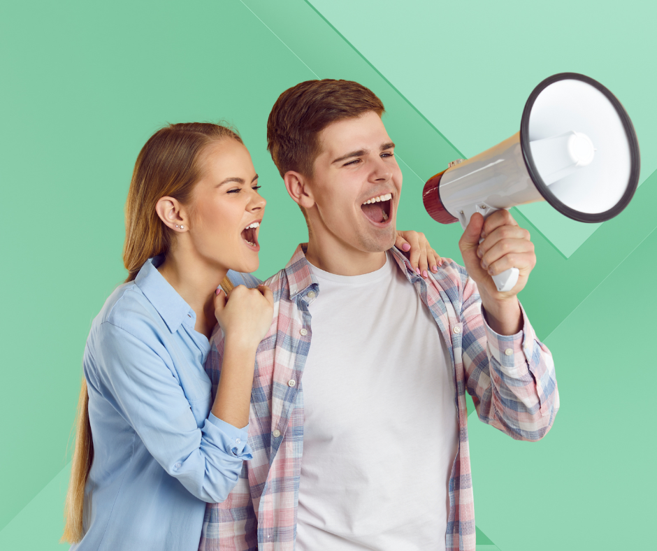 a man and woman yelling into a megaphone